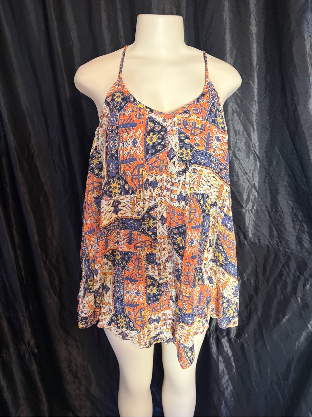 RVCA Orange, Navy & Cream Printed Spaghetti Strap Mini Dress